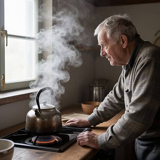 Photograph of an elderly man with gray hair, wearing a plaid shirt, tending a steaming kettle on a wood-burning stove in a
