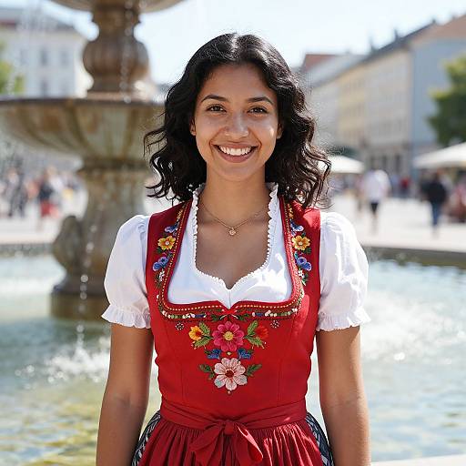 Smiling woman with dark wavy hair, wearing a red dirndl with white blouse and floral embroidery, standing in front of a fountain in a sun