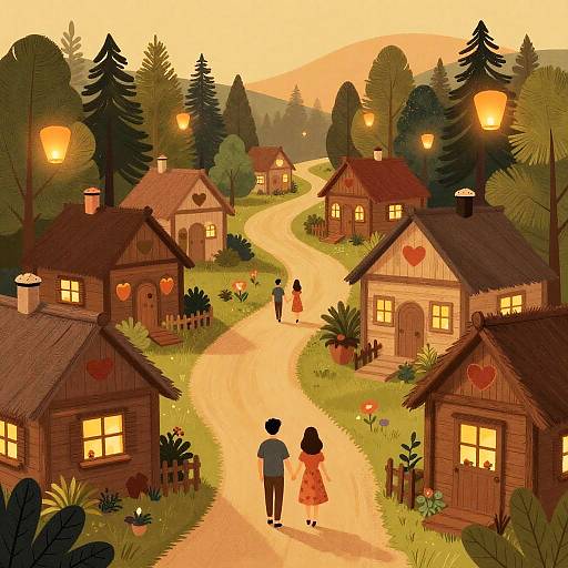 Digital illustration of a quaint village at sunset, featuring wooden houses with heart symbols, a winding path, lit street lamps, and two children walking towards the