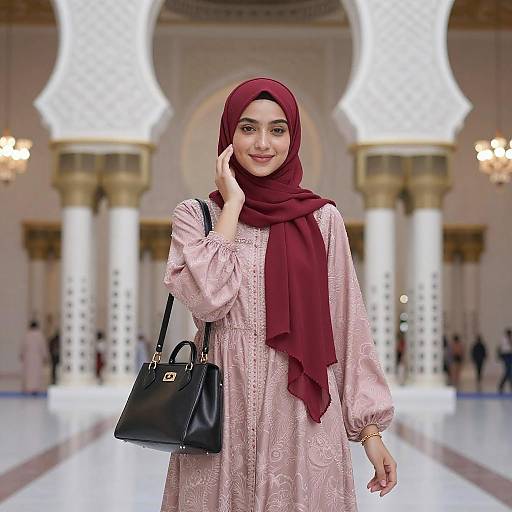 Young Woman in Red Hijab at Mosque
