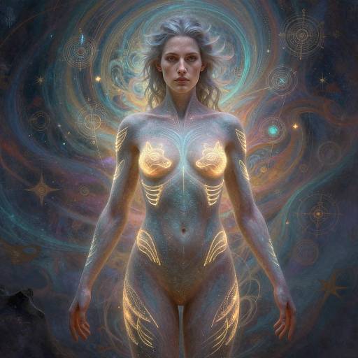 Digital artwork of a nude, ethereal woman with glowing, intricate golden patterns on her skin, set against a cosmic, swirling background. Her silver hair