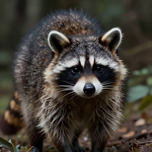 Photograph of a raccoon with detailed black-and-white facial markings, thick brown-and-gray fur, and intense dark eyes, standing in a forest.