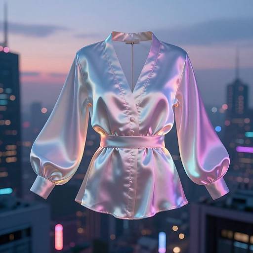 Photograph of a shiny, iridescent silver blouse with long puffed sleeves, displayed against a blurred city skyline at twilight.