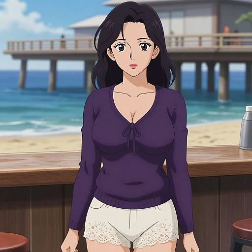 Anime-style digital drawing of a black-haired woman with large breasts, wearing a purple long-sleeve top and white lace shorts, standing at a beach