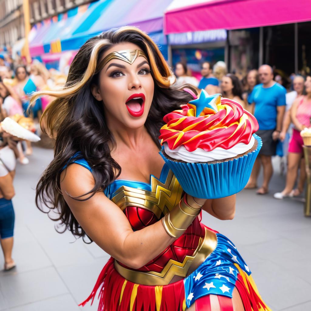 Street Performer as Wonder Woman Enjoying Cupcake