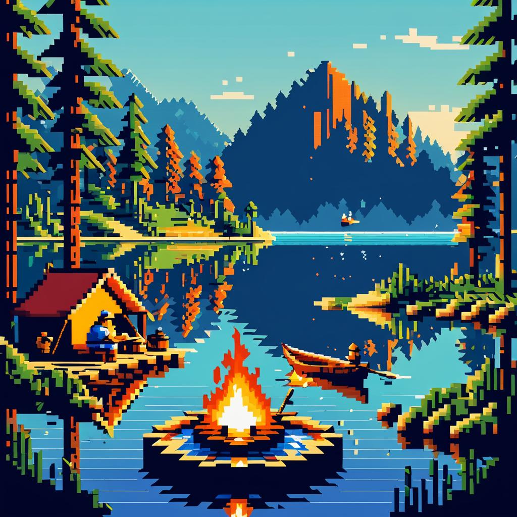 Charming 8-Bit Fisherman Lake Scene