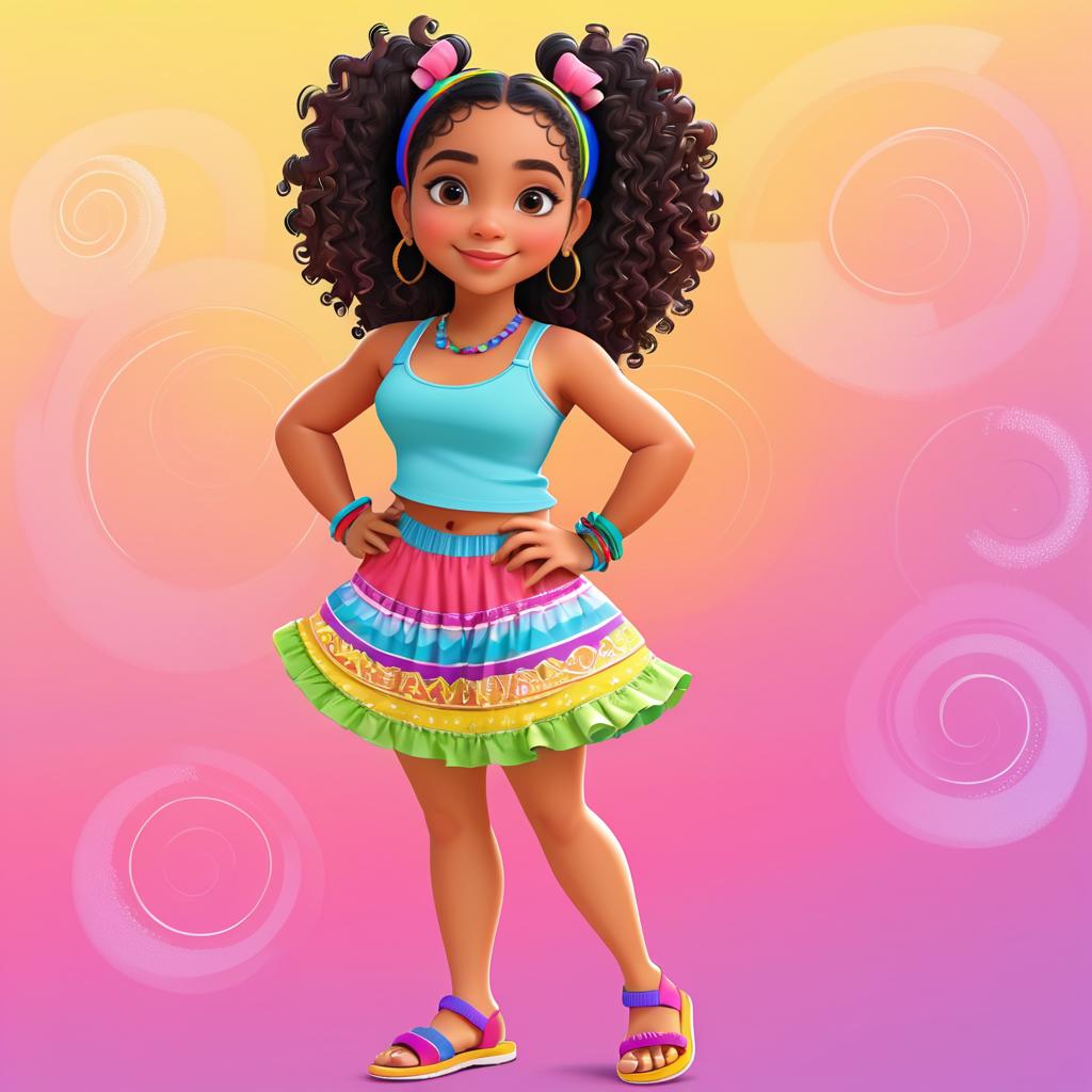 Colorful Cartoon of Curly-Haired Latina Girl