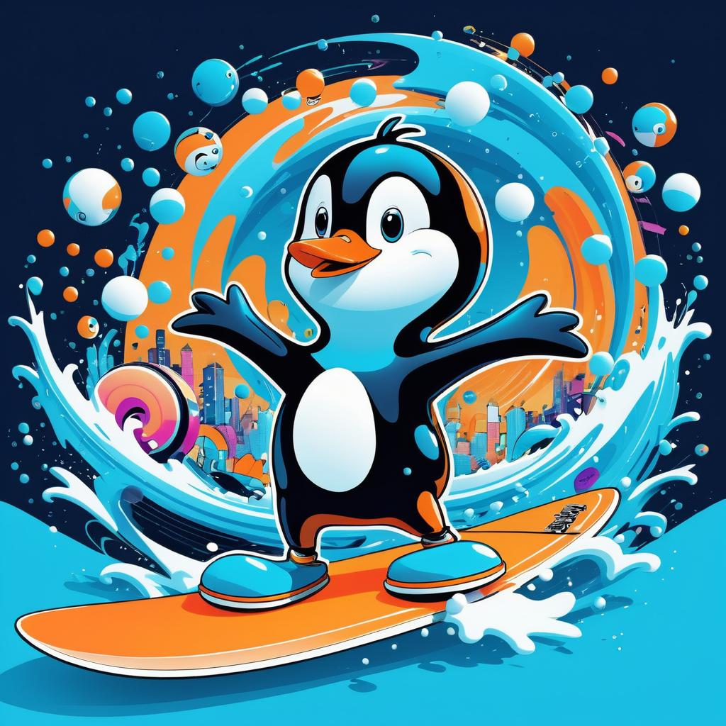 Cheerful Penguins Surfing in Urban Fantasy