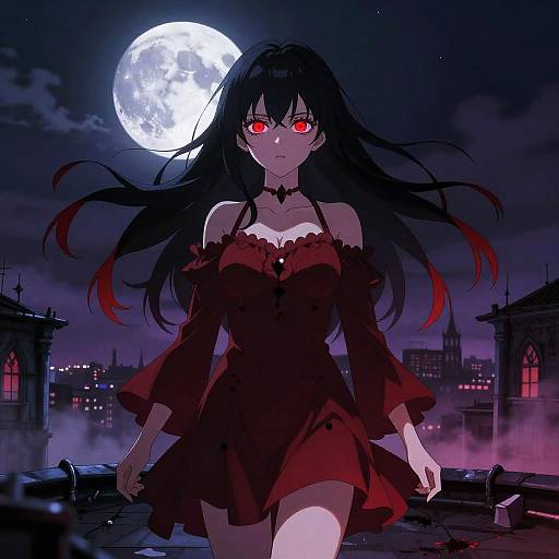 Vampire Anime Girl on Moonlit Rooftop