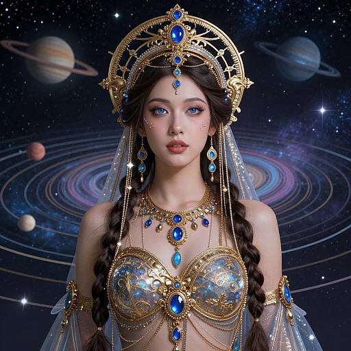 Digital artwork of a beautiful Asian woman with blue eyes, wearing an ornate gold and blue jewelry set, braided hair, and a celestial galaxy background