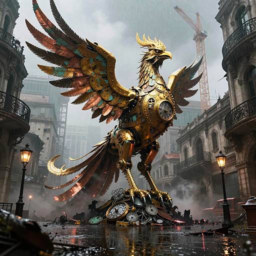 Colossal Gilded Clockwork Phoenix Rising Over Ruins