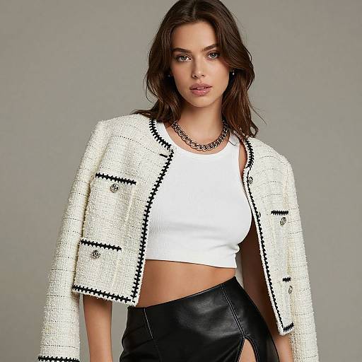 Photograph of a young woman with wavy brown hair, wearing a white crop top, black leather skirt, and white knitted jacket with black trim