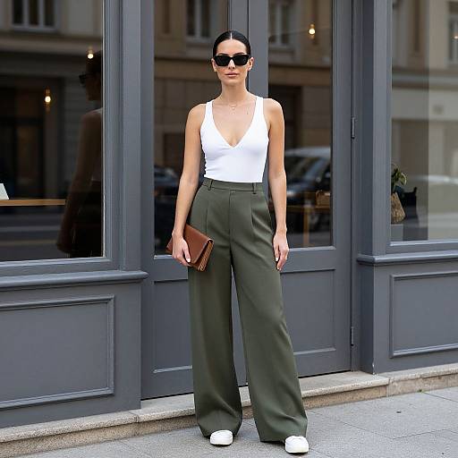 Photograph of a slender woman with dark hair in a bun, wearing a white tank top, high-waisted olive green pants, white sneakers,