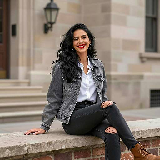 Smiling Woman Sitting on Brick Ledge