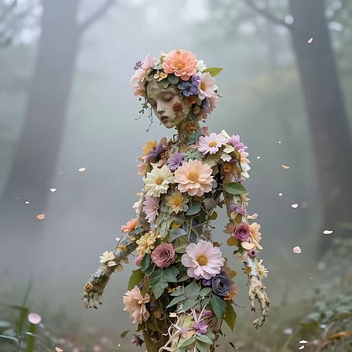 Photograph of a child-like figure adorned with colorful flowers, standing in a misty forest, surrounded by falling petals. Ethereal, floral human sculpture