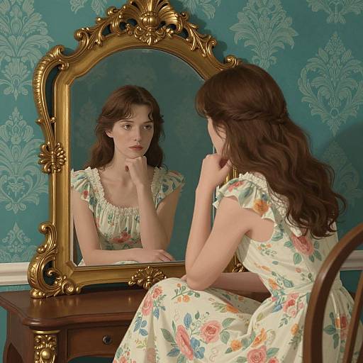 Photograph of a young woman with wavy brown hair, wearing a floral dress, sitting in front of an ornate gold-framed mirror, g