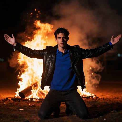 Kneeling Man Amidst Intense Flames