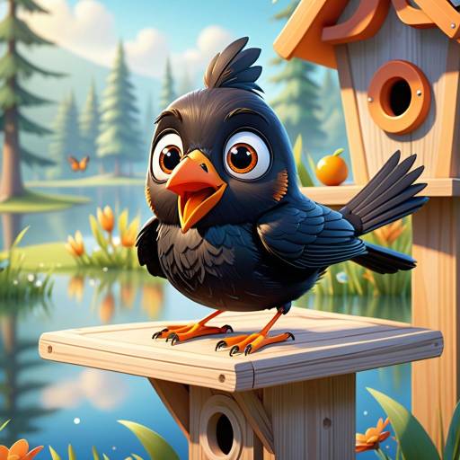 Charming 3D Cartoon Blackbird by Lake
