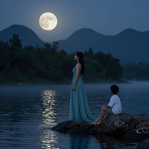 Photograph of a woman in a flowing blue gown standing on a rock by a moonlit lake, with a man in a white shirt sitting nearby,