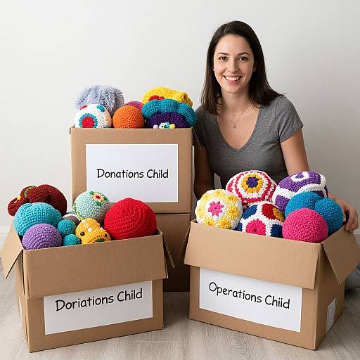 Joyful Woman Donating Colorful Crocheted Gifts