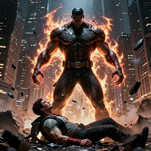 Powerful Villain Over Defiant Hero in Destroyed City