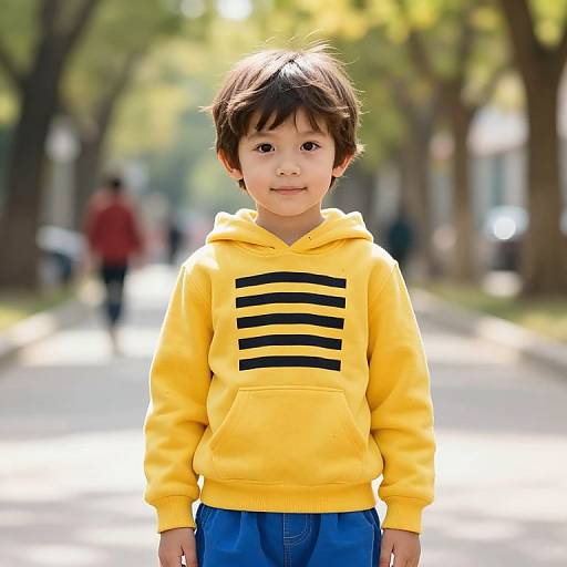 Young Boy in Yellow Hoodie and Blue Skirt