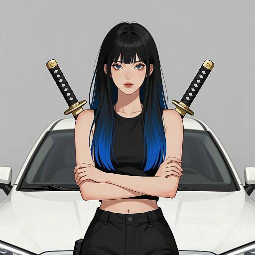 Young Woman with Katanas in Front of White Car