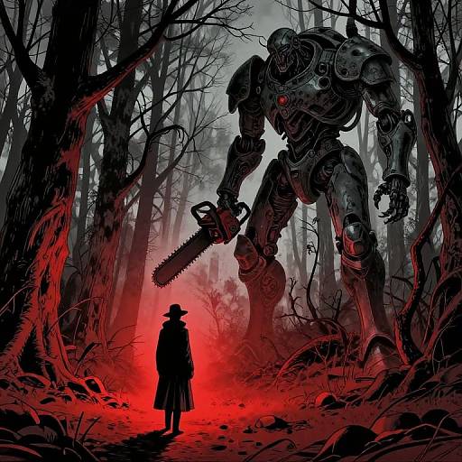 Digital artwork: Silhouetted figure in a long coat stands before a towering, armored, chainsaw-wielding mech in a dark, eerie forest