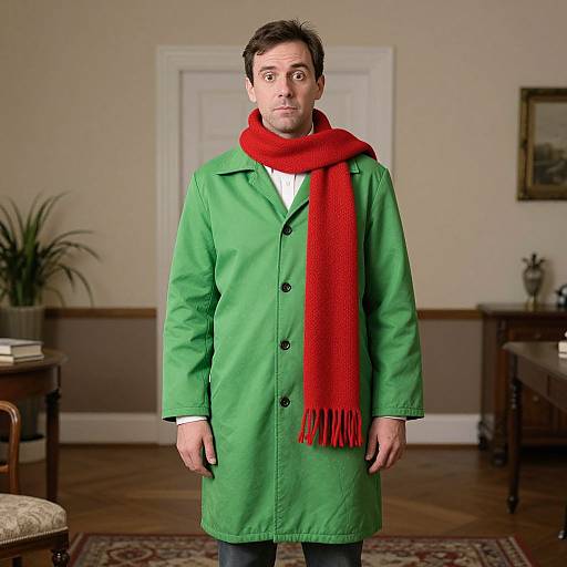 Photograph of a man with short dark hair, wearing a green coat and red scarf, standing in a warmly lit, furnished room.