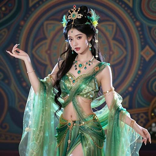 Digital art of an elegant Asian woman in a green, semi-transparent harem outfit with gold jewelry and feathered headpiece, set against a colorful,