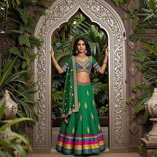 Photograph of an Indian woman in a vibrant green traditional sari, standing in an ornate archway with intricate silver designs, surrounded by lush green