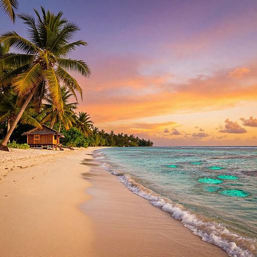 Photograph of a tropical beach at sunset, featuring golden sand, turquoise waves, palm trees, and a wooden hut on the left.