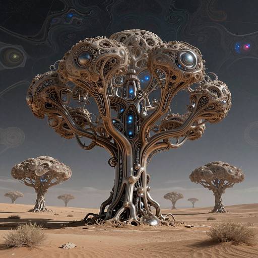 Digital art of surreal, metallic, cybernetic trees with glowing blue orbs, intricate mechanical branches, and roots in a barren, desert landscape.