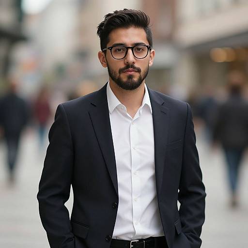Photograph of a bearded man with dark hair and glasses, wearing a black suit and white shirt, standing in a blurred urban street.
