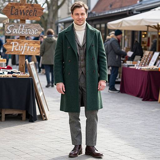 Photograph of a man in a dark green overcoat, gray patterned trousers, white turtleneck, and brown shoes, standing on a bustling