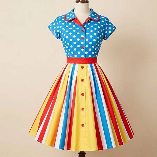 Photograph of a vintage-style dress mannequin with a blue polka dot blouse, red collar, red buttons, and a multicolored striped