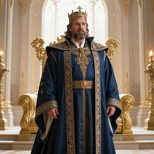 Photograph of a bearded man in an ornate, dark blue royal robe with gold embroidery, wearing a gold crown, standing in a grand,