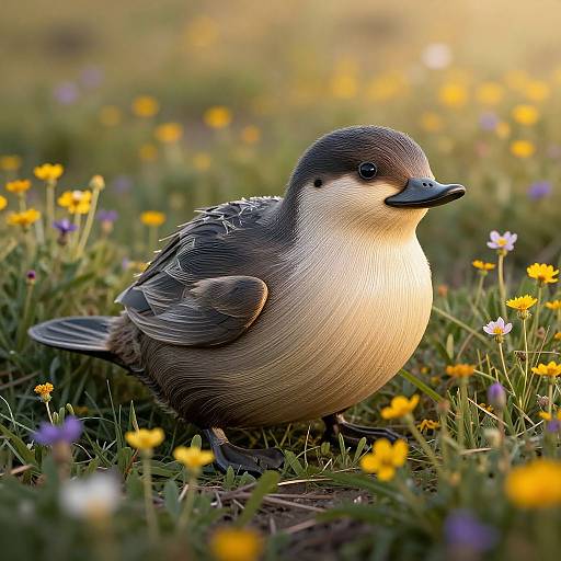 Photograph of a plump, black-and-white puffin standing in a sunlit meadow of yellow and purple wildflowers, with a blurred,