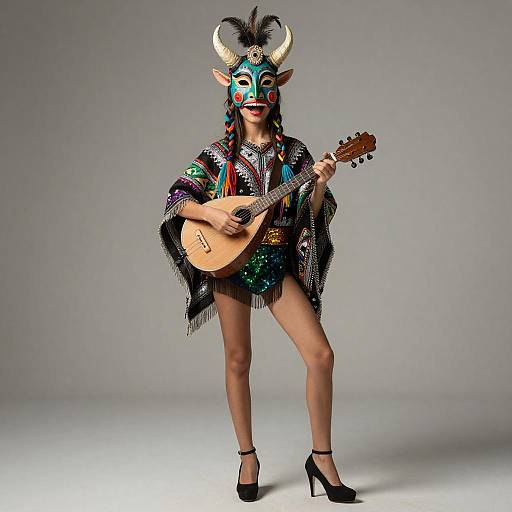 Photograph of a woman in colorful mask with horns, patterned shawl, sequined skirt, and high heels, playing an acoustic guitar.