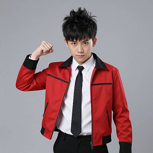 Photograph of an Asian man with spiky black hair, wearing a red jacket, white shirt, black tie, and black pants, flexing his