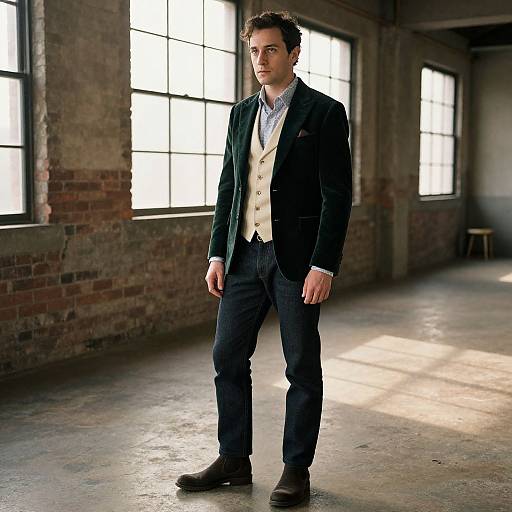 Photograph of a young man with curly brown hair, wearing a black blazer, white vest, blue shirt, black jeans, and brown boots,