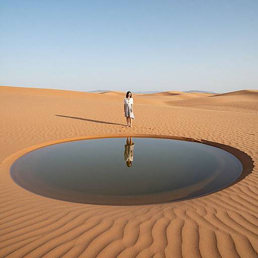 Photograph of a lone person in white standing by a reflective desert oasis pool in vast, rippled sandy dunes under clear blue sky.