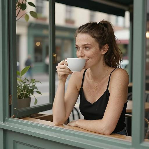 Cheerful Woman Enjoying Coffee in Café