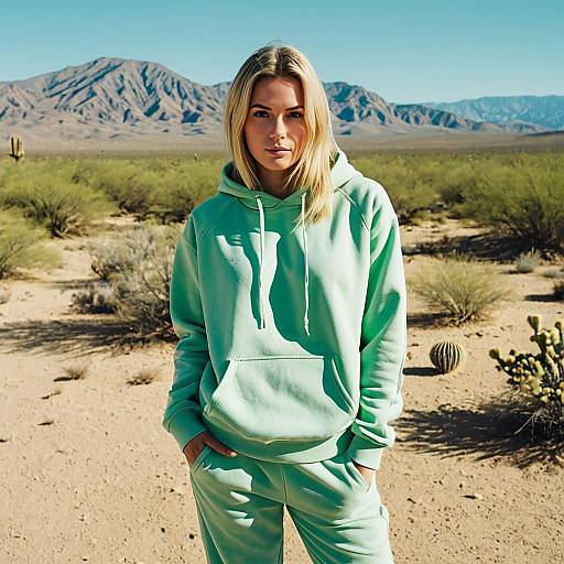 Blonde Woman in Light Green Tracksuit in Desert