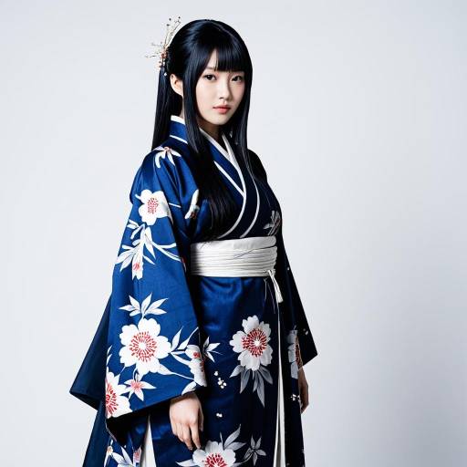 Young Asian Woman in Traditional Blue Floral Kimono