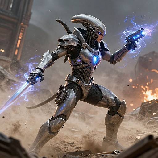 Photorealistic digital artwork of a futuristic, armored alien warrior wielding glowing blue energy blades, mid-battle amidst a dusty, burning ruin.