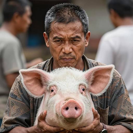Focused Man Holding Pig's Head