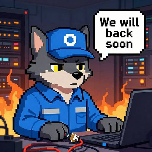 Pixel art of a serious gray wolf in a blue uniform and cap, typing at a laptop amidst fiery background, with speech bubble: 