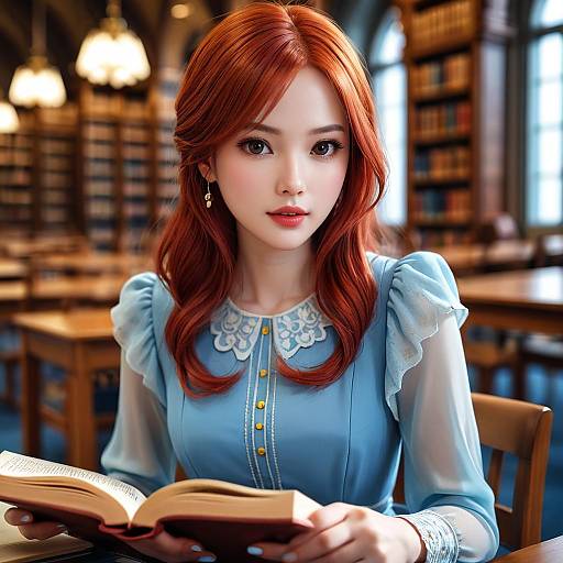 Photorealistic digital art of a beautiful Asian woman with red hair, wearing a blue, lace-trimmed dress, reading in a dimly lit