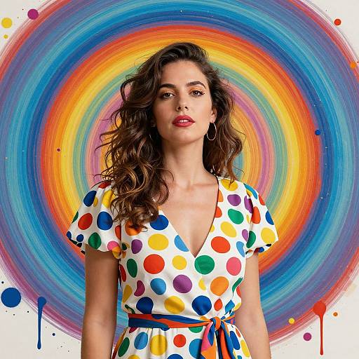 Photograph of a woman with wavy brown hair, wearing a white polka dot dress, standing against a vibrant, rainbow-colored circular background with spl